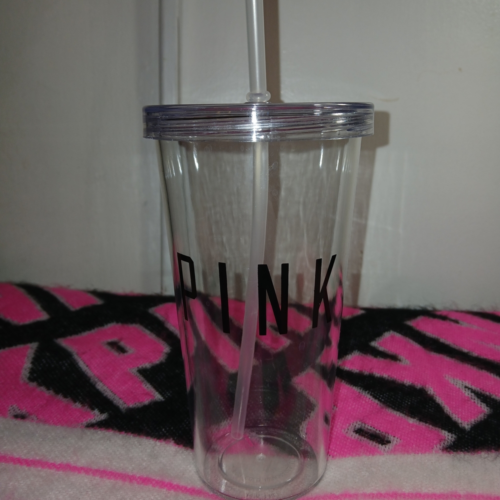 PINK Clear Tumbler Straw Lid 25oz Camping Festival Beach